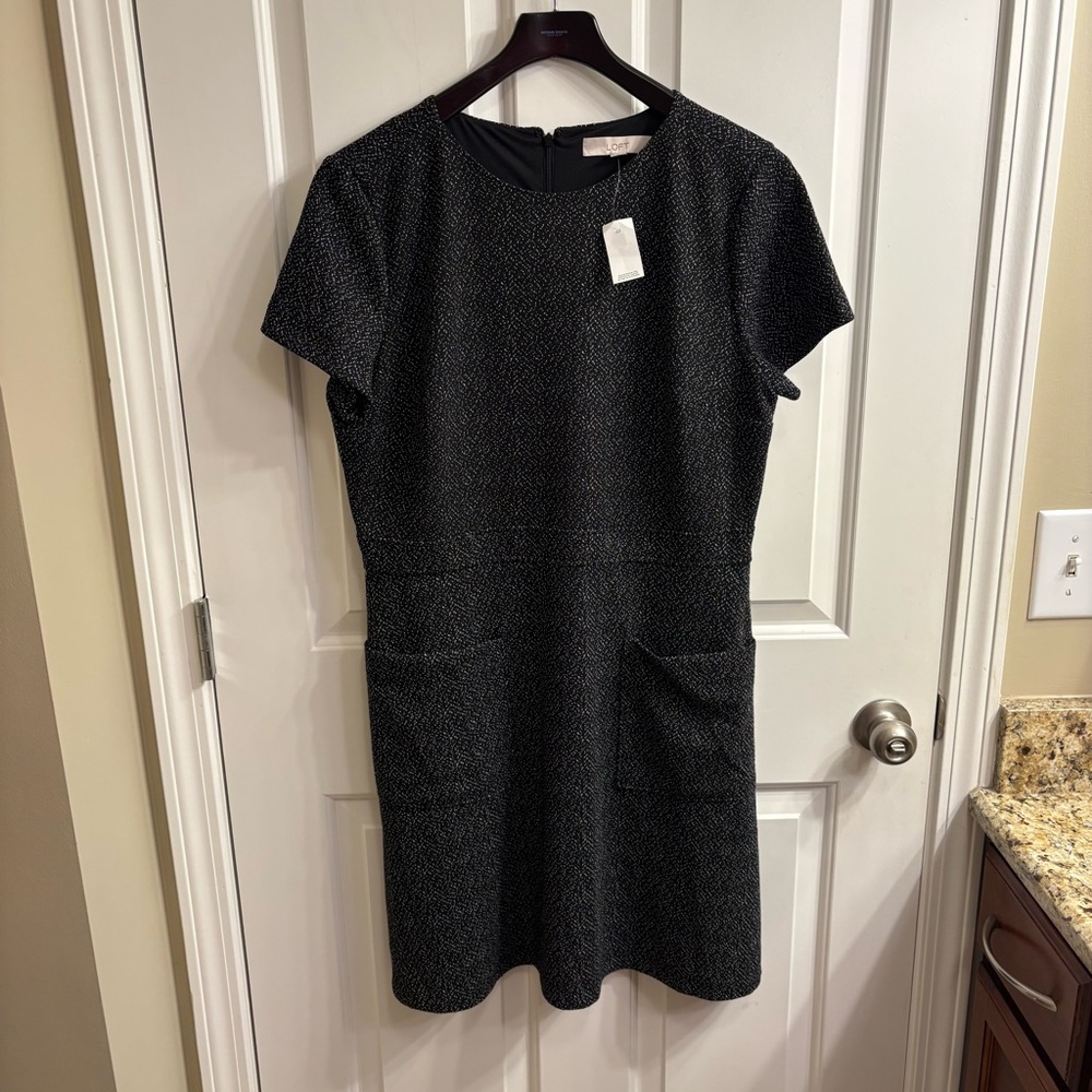 LOFT Black White Textured Dress with Pockets, 14 NWT